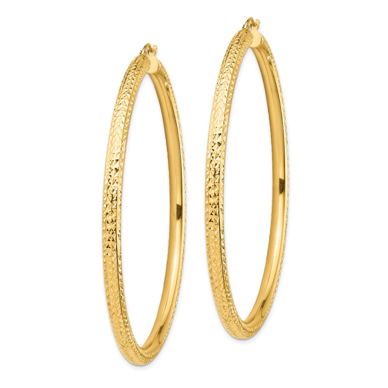 14K Yellow Gold Diamond-Cut 4X70mm Lightweight Round Tube Hoop Earrings