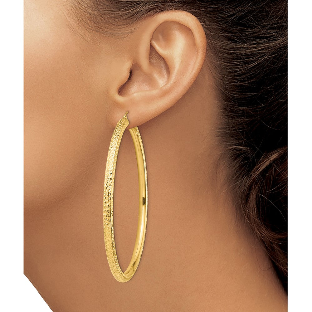 14K Yellow Gold Diamond-Cut 4X70mm Lightweight Round Tube Hoop Earrings