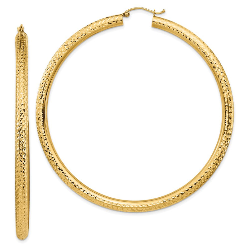 14K Yellow Gold Diamond-Cut 4X70mm Lightweight Round Tube Hoop Earrings