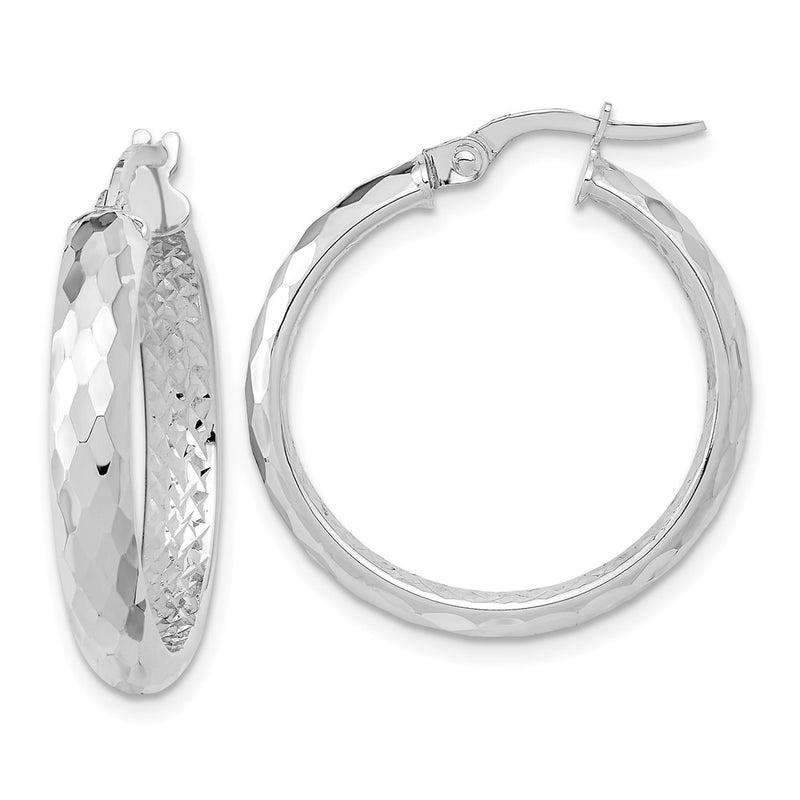 14K White Gold Polished And Textured Diamond-Cut Inside Fancy Hoop Earrings