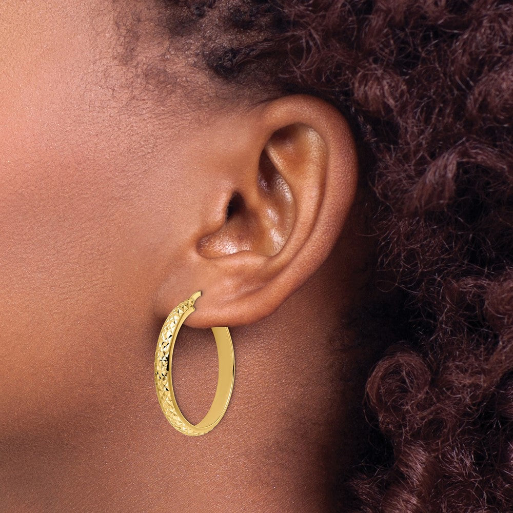 14K Yellow Gold Polished Diamond Cut Hoop Earrings