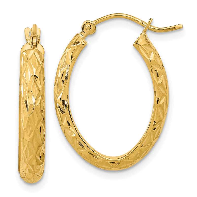 14K Yellow Gold Polished Diamond-Cut Fancy Oval Hoop Earrings