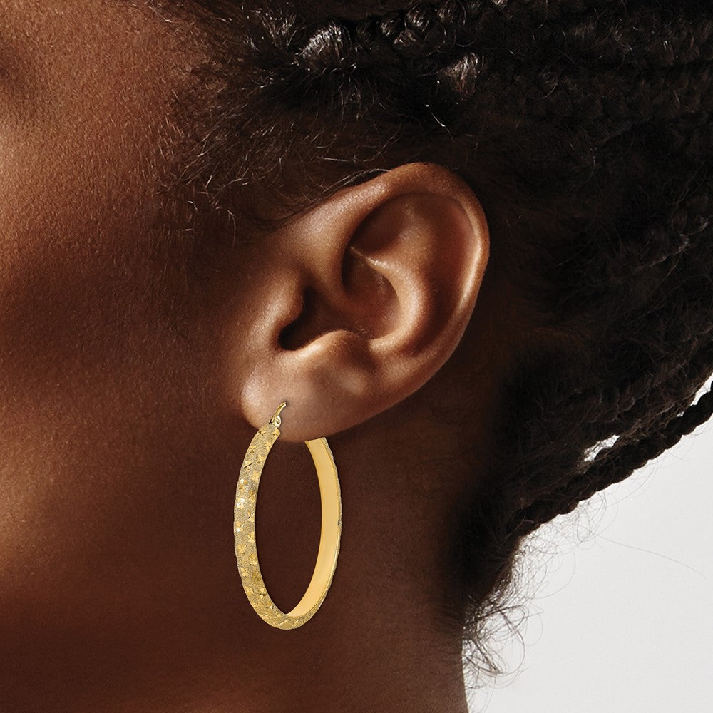 14K Yellow Gold Polished And Brushed Diamond-Cut Fancy Hoop Earrings