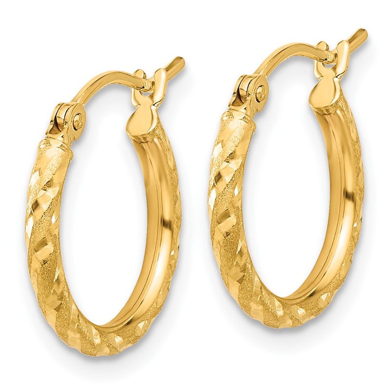 14K Yellow Gold Polished and Satin D/c 2.00mm Hoop Earrings