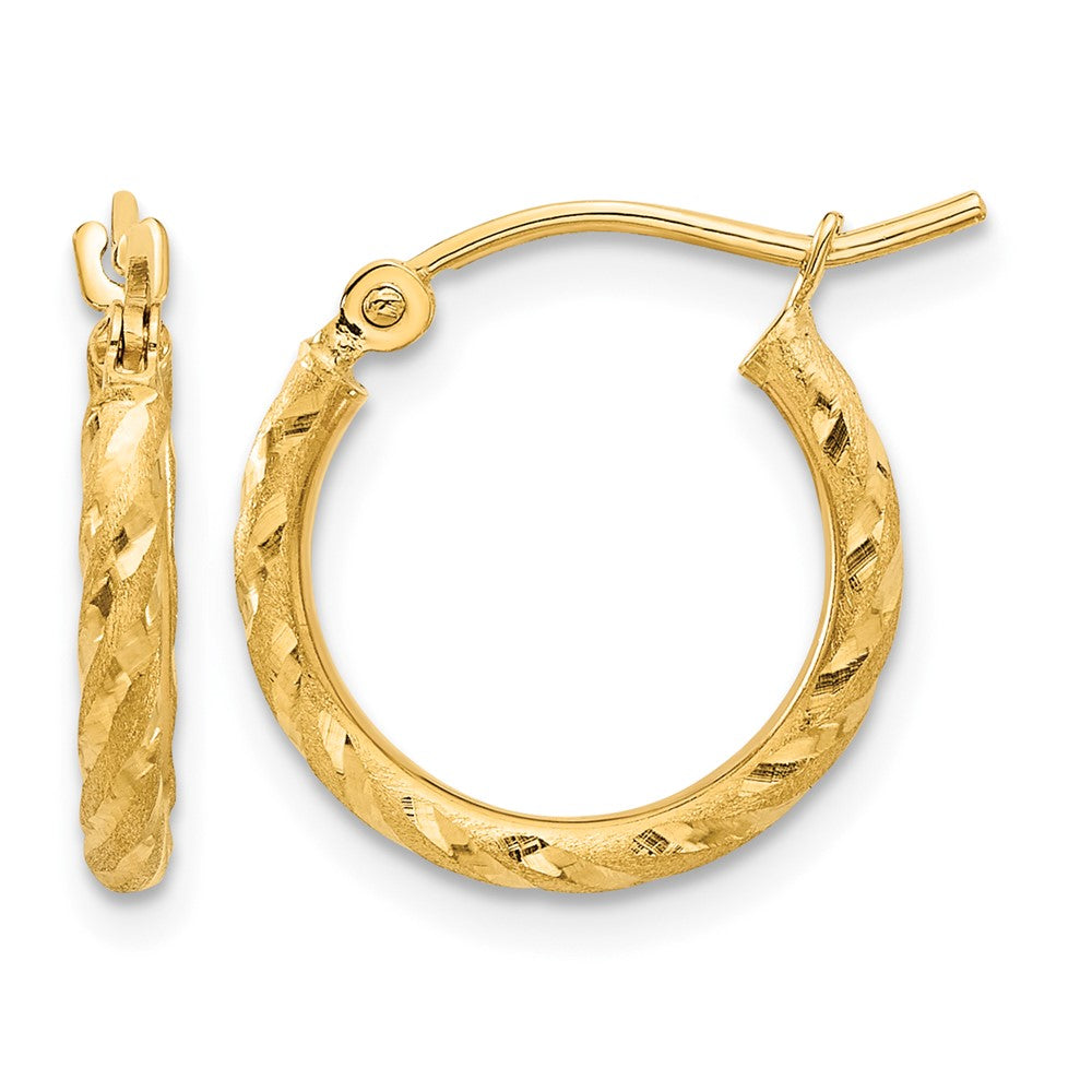 14K Yellow Gold Polished and Satin D/c 2.00mm Hoop Earrings