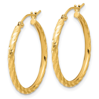 14K Yellow Gold Polished and Satin D/c 2.00mm Hoop Earrings
