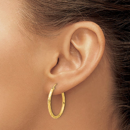 14K Yellow Gold Polished and Satin D/c 2.00mm Hoop Earrings