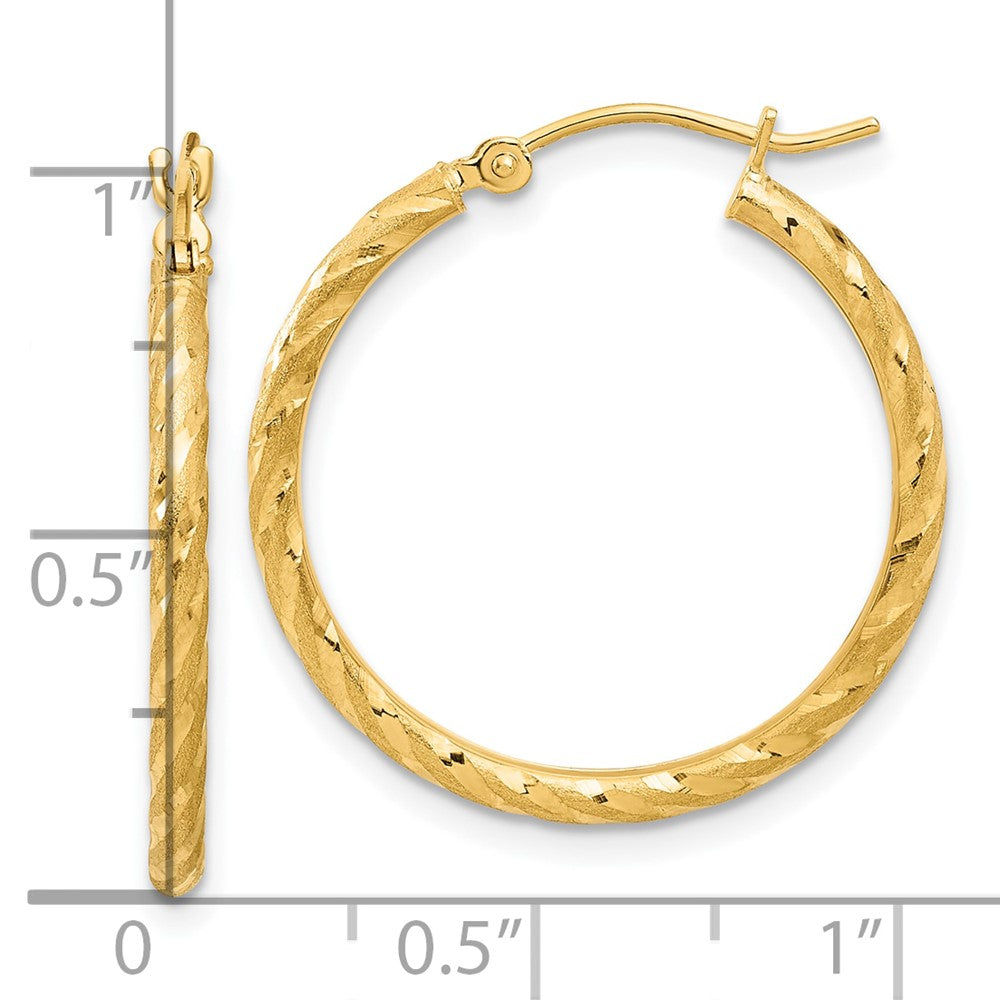 14K Yellow Gold Polished and Satin D/c 2.00mm Hoop Earrings