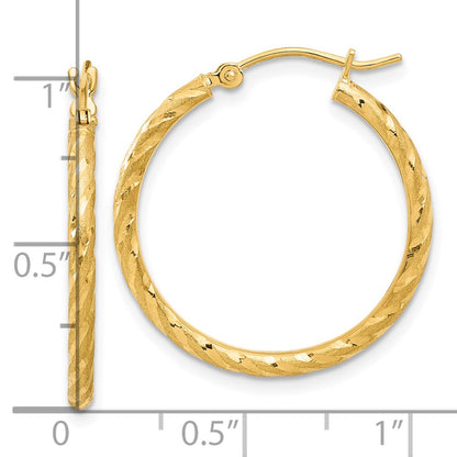 14K Yellow Gold Polished and Satin D/c 2.00mm Hoop Earrings
