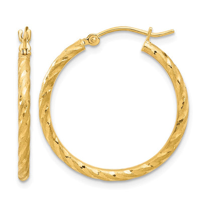 14K Yellow Gold Polished and Satin D/c 2.00mm Hoop Earrings