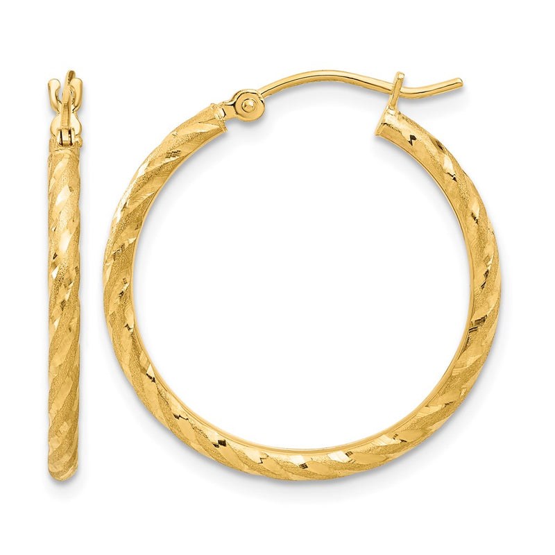 14K Yellow Gold Polished and Satin D/c 2.00mm Hoop Earrings