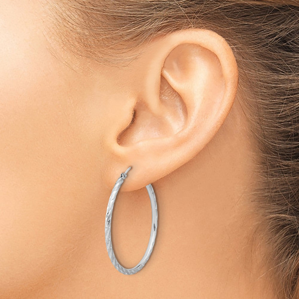 14K White Gold Polished and Satin D/c 2.00mm Hoop Earrings