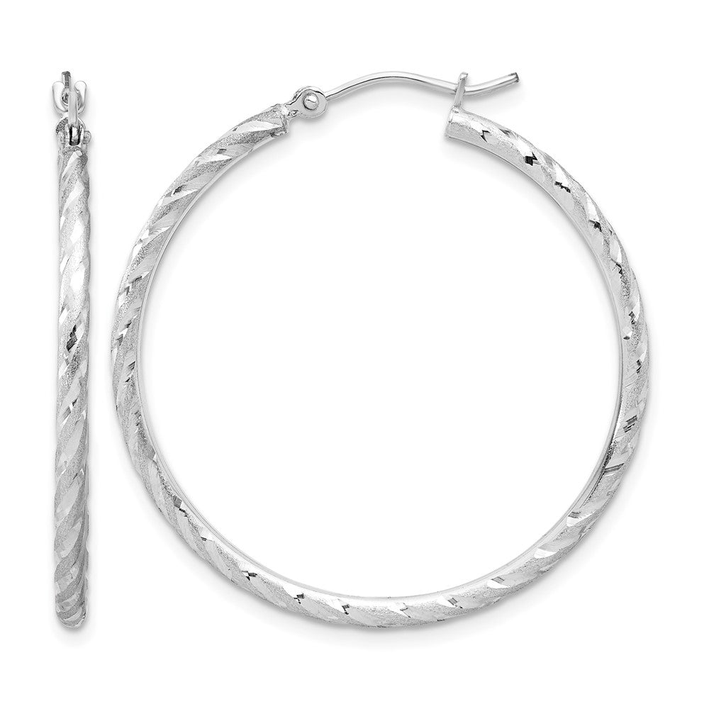 14K White Gold Polished and Satin D/c 2.00mm Hoop Earrings