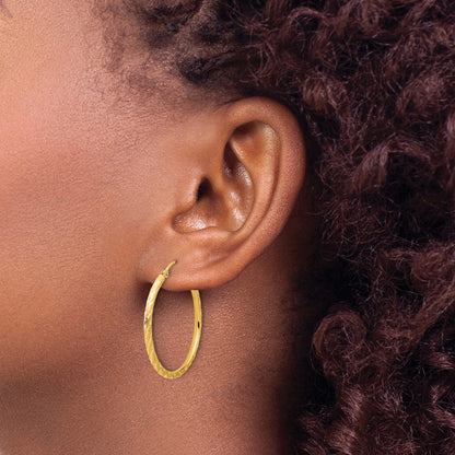 14K Yellow Gold Polished and Satin D/c 2.00mm Hoop Earrings