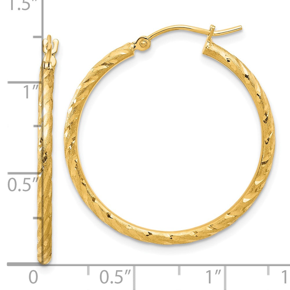 14K Yellow Gold Polished and Satin D/c 2.00mm Hoop Earrings