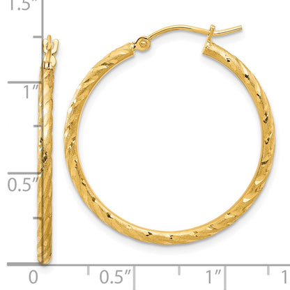 14K Yellow Gold Polished and Satin D/c 2.00mm Hoop Earrings