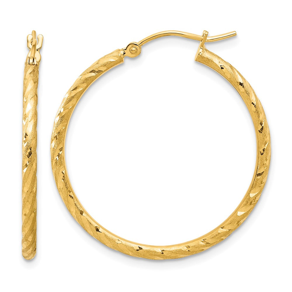 14K Yellow Gold Polished and Satin D/c 2.00mm Hoop Earrings