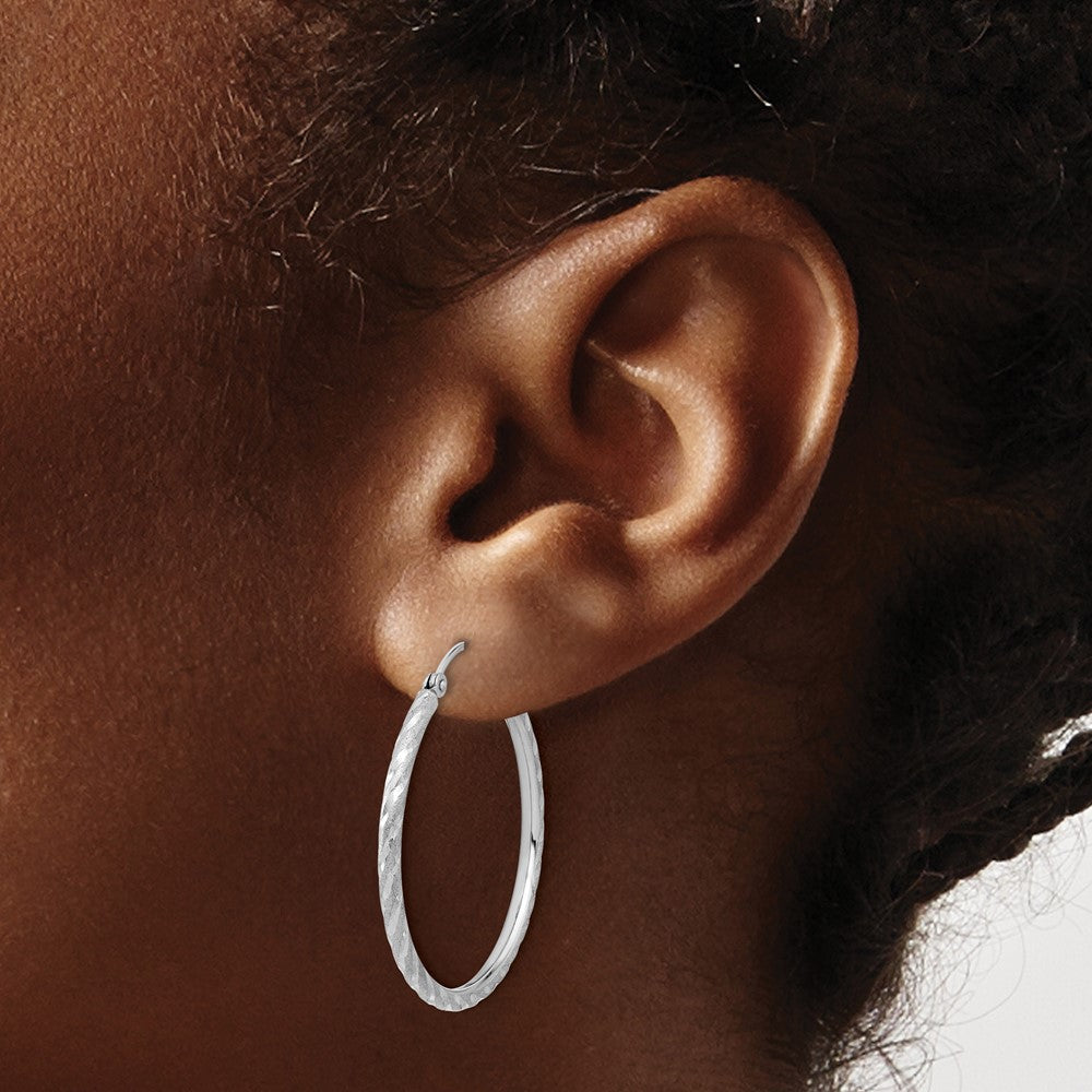 14K White Gold Polished and Satin D/c 2.00mm Hoop Earrings
