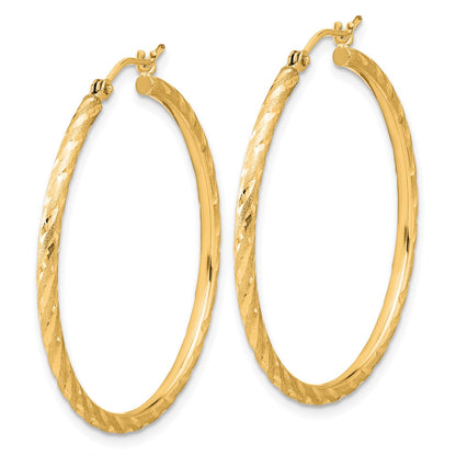 14K Yellow Gold Polished and Satin D/c 2.00mm Hoop Earrings