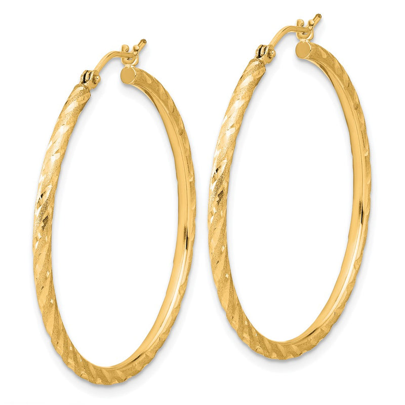 14K Yellow Gold Polished and Satin D/c 2.00mm Hoop Earrings