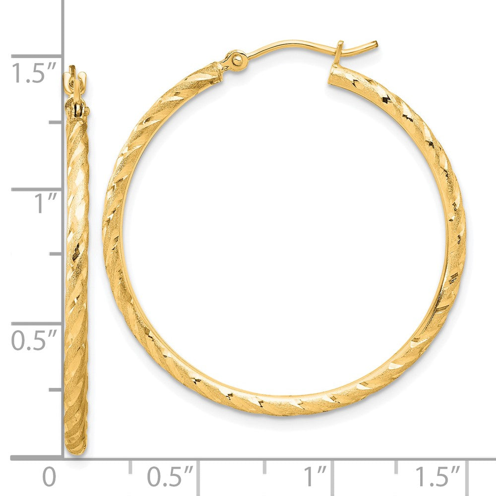 14K Yellow Gold Polished and Satin D/c 2.00mm Hoop Earrings