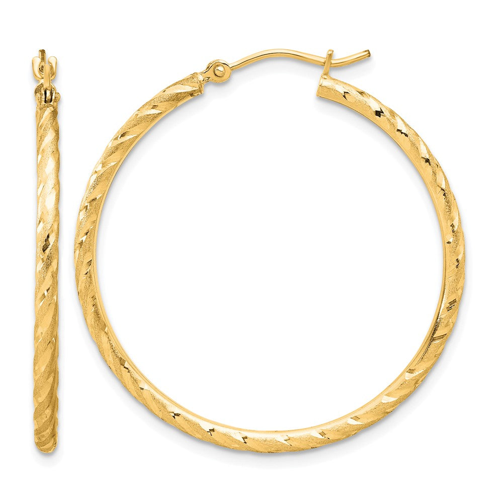 14K Yellow Gold Polished and Satin D/c 2.00mm Hoop Earrings
