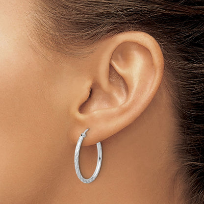 14K White Gold Polished and Satin D/c 2.00mm Hoop Earrings