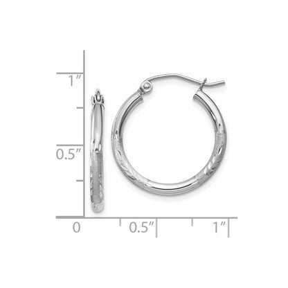 14K White Gold Satin And Diamond-Cut 2mm Round Hoop Earrings