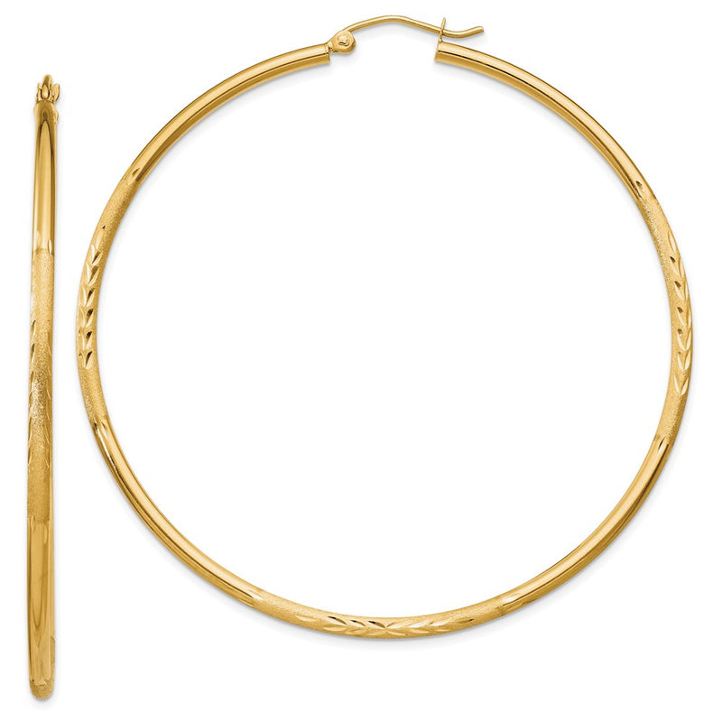 14K Yellow Gold Satin And Diamond-Cut 2mm Round Tube Hoop Earrings