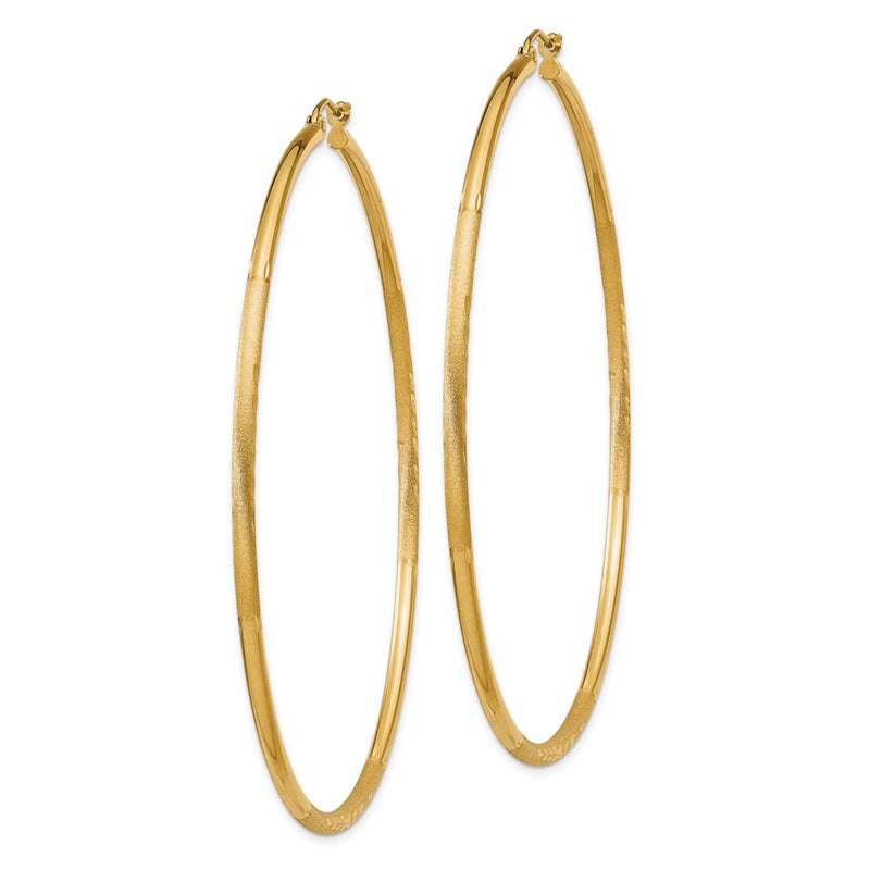 14K Yellow Gold Satin And Diamond-Cut 2mm Round Tube Hoop Earrings