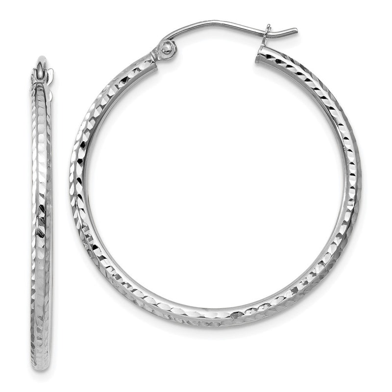 14K White Gold Diamond-Cut 2mm Round Tube Hoop Earrings