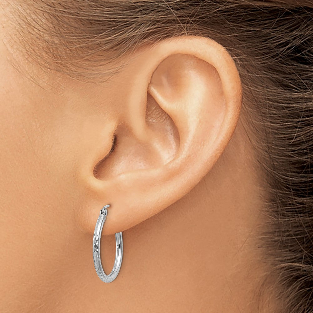14K White Gold Diamond-Cut 2mm Round Tube Hoop Earrings