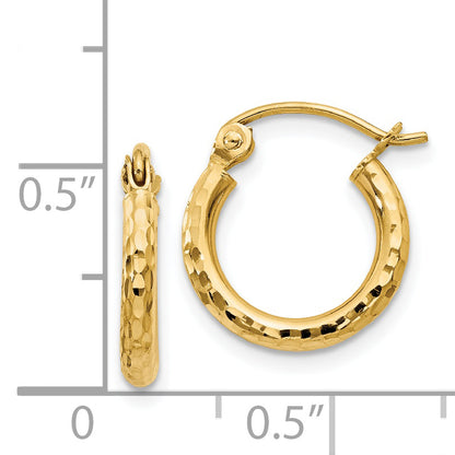 14K Yellow Gold Diamond-Cut 2mm Round Tube Hoop Earrings