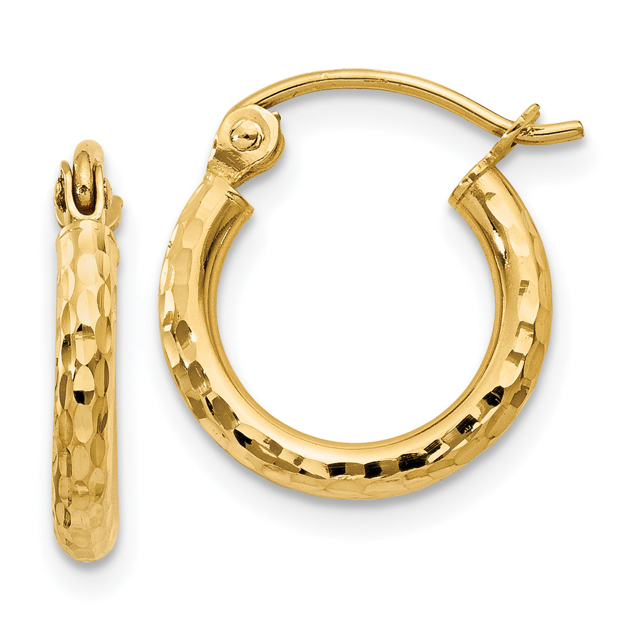 14K Yellow Gold Diamond-Cut 2mm Round Tube Hoop Earrings
