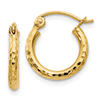 14K Yellow Gold Diamond-Cut 2mm Round Tube Hoop Earrings