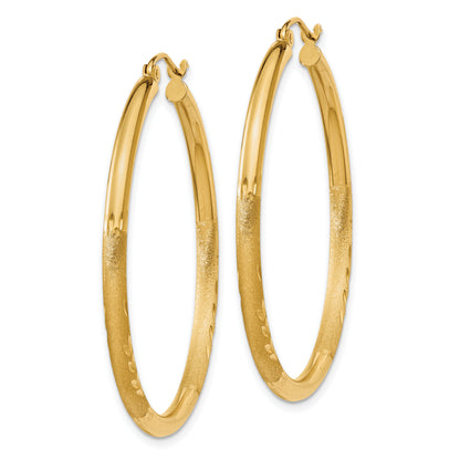 14K Yellow Gold Satin And Diamond-Cut 2.5mm Round Hoop Earrings