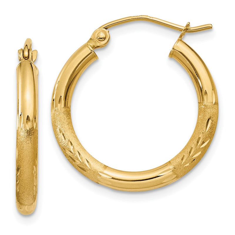 14K Yellow Gold Satin And Diamond-Cut 2.5mm Round Hoop Earrings