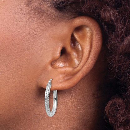 14K White Gold Diamond-Cut 3mm Round Hoop Earrings
