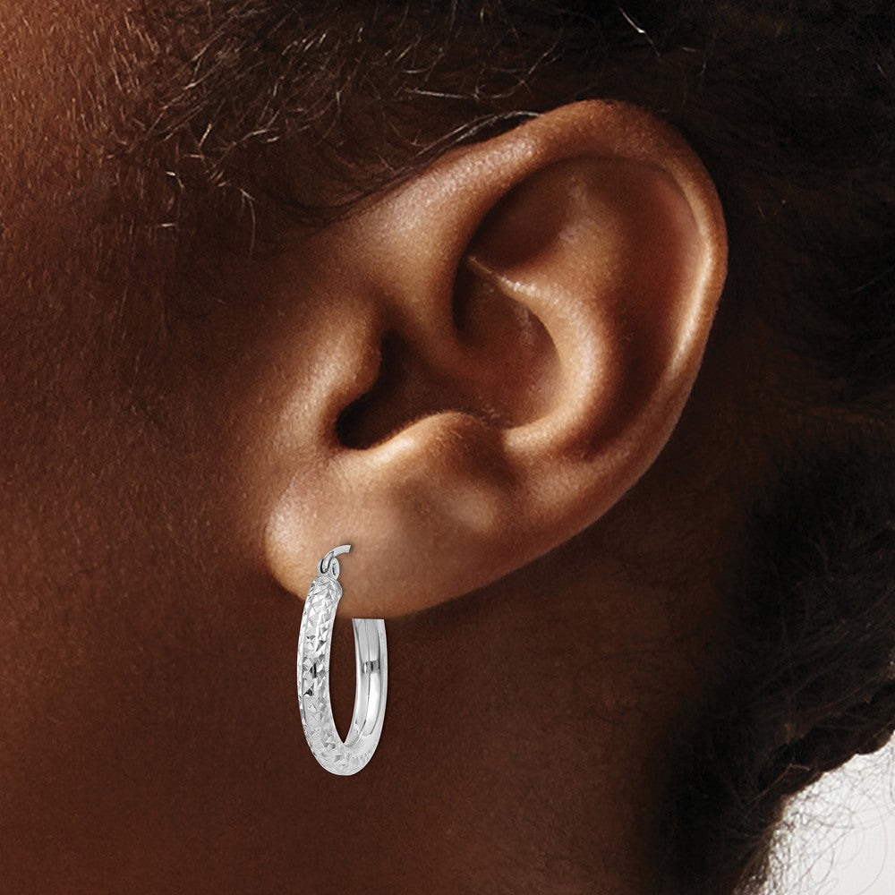 14K White Gold Diamond-Cut 3mm Round Hoop Earrings