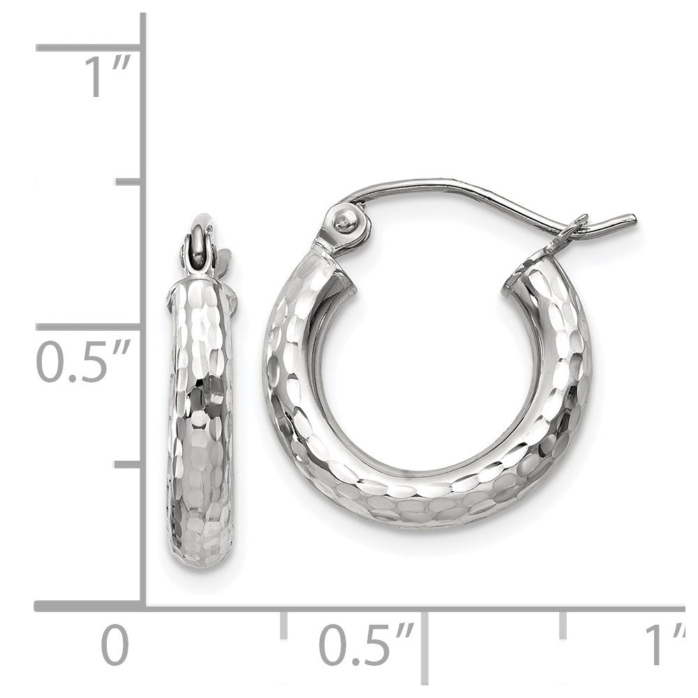 14K White Gold Diamond-Cut 3mm Round Hoop Earrings