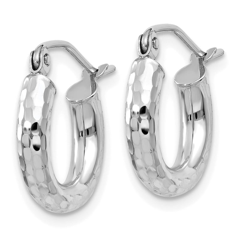 14K White Gold Diamond-Cut 3mm Round Hoop Earrings