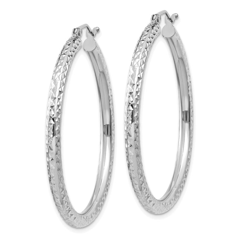 14K White Gold Diamond-Cut 3mm Round Hoop Earrings