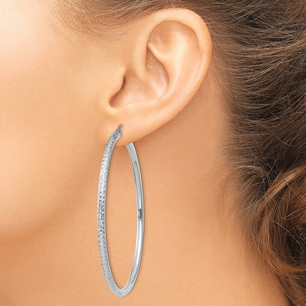 14K White Gold Diamond-Cut 3mm Round Hoop Earrings