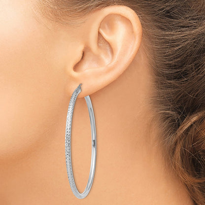 14K White Gold Diamond-Cut 3mm Round Hoop Earrings