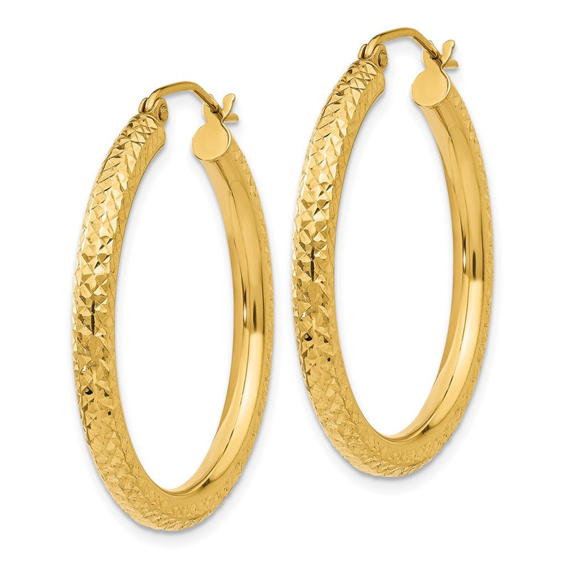 14K Yellow Gold Diamond-Cut 3mm Round Hoop Earrings