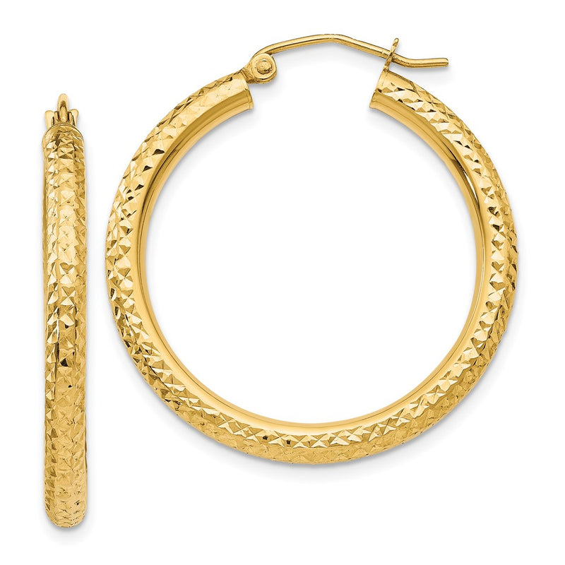 14K Yellow Gold Diamond-Cut 3mm Round Hoop Earrings