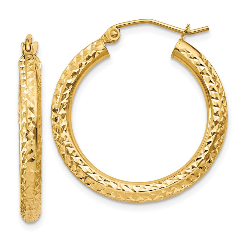 14K Yellow Gold Diamond-Cut 3mm Round Hoop Earrings
