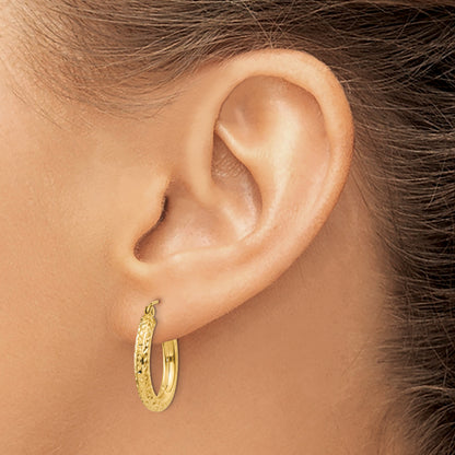 14K Yellow Gold Diamond-Cut 3mm Round Hoop Earrings
