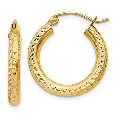 14K Yellow Gold Diamond-Cut 3mm Round Hoop Earrings