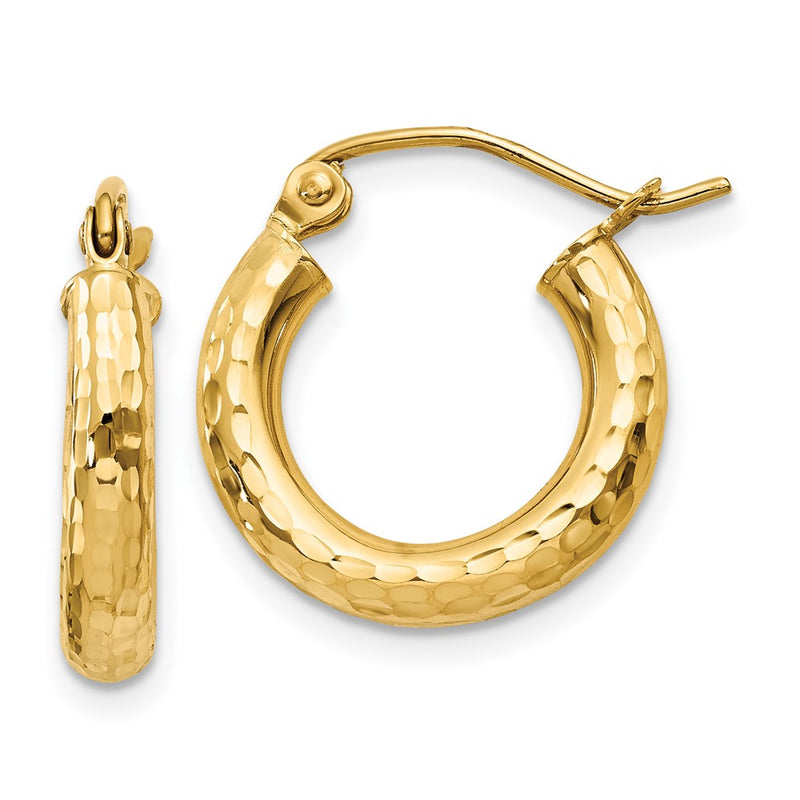 14K Yellow Gold Diamond-Cut 3mm Round Hoop Earrings